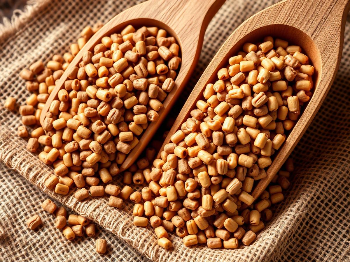 Pelleted animal feed and mash in wooden scoops