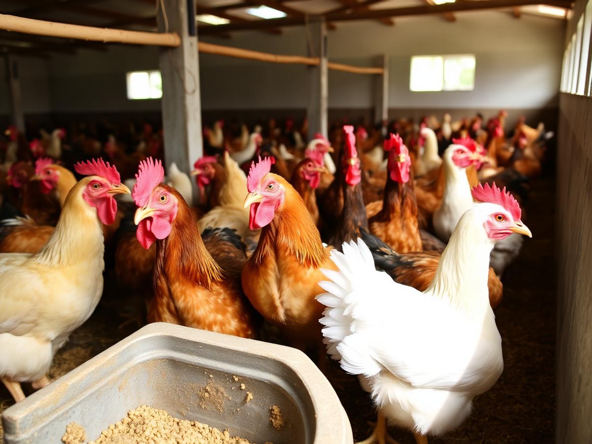 Livestock feeding from a trough in a clean farm building